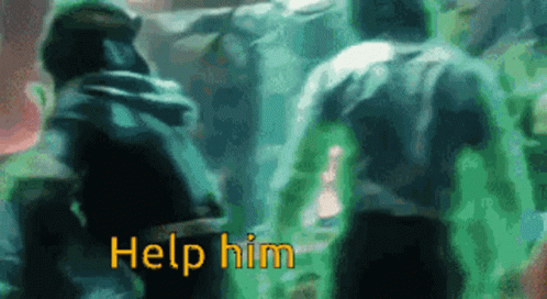 A Group Of People Are Standing Next To Each Other And The Words `` Help Him '' Are Written In Yellow . GIF
