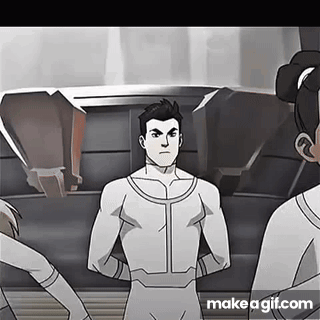 A Group Of People Are Standing Next To Each Other In A Room In A Cartoon . GIF