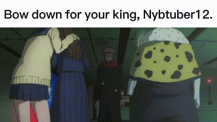 A Group Of People Are Standing Next To Each Other In A Room With A Cartoon Character Standing In The Background . GIF