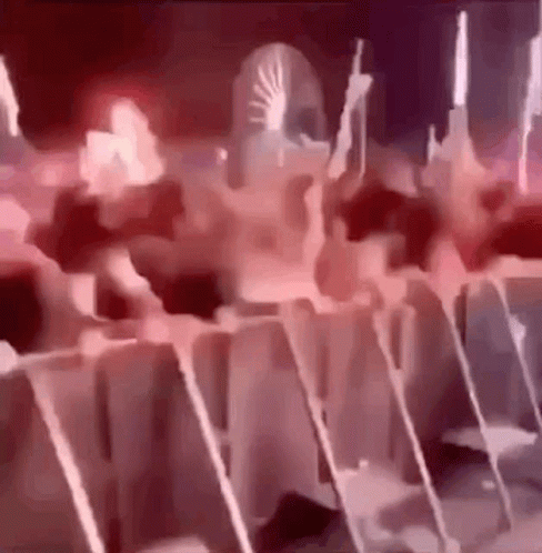 A Group Of People Are Standing Next To Each Other On A Stage In Front Of A Castle . GIF