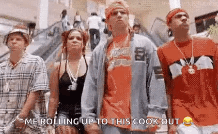 A Group Of People Are Standing Next To Each Other On An Escalator And One Of Them Is Saying `` Me Rolling Up To This Coo GIF