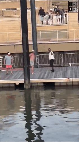 A Group Of People Are Standing On A Dock With A Sign That Says Bore The Cure On It GIF