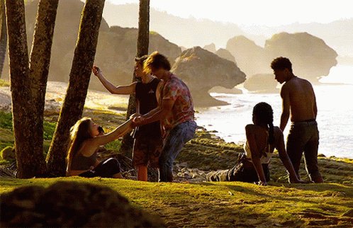 A Group Of People Are Standing On A Grassy Hill Near The Ocean GIF
