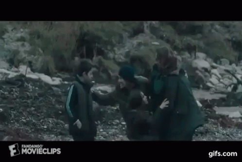 A Group Of People Are Standing On Top Of A Rocky Hill . GIF