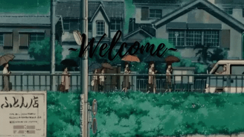 A Group Of People Are Walking Across A Bridge With Umbrellas And A Sign That Says Welcome GIF