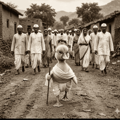 A Group Of People Are Walking Down A Dirt Road With A Duck In The Middle GIF