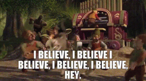 A Group Of People Are Walking Down A Dirt Road With The Words I Believe I Believe I Believe GIF