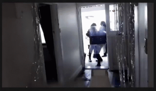 A Group Of People Are Walking Down A Hallway With Tinsel Hanging On The Wall GIF