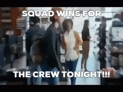 A Group Of People Are Walking In A Store With A Caption That Says Squad Wins For The Crew Tonight !!! GIF