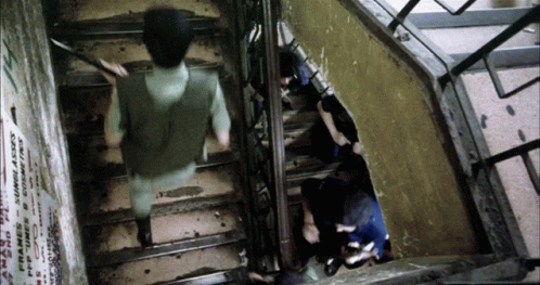 Group Walking Up Stairs Past Do Not Enter Sign GIF