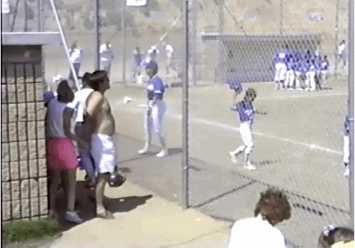 A Group Of People Are Watching A Baseball Game Behind A Chain Link Fence GIF