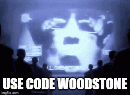 A Group Of People Are Watching A Video With The Words Use Code Woodstone GIF