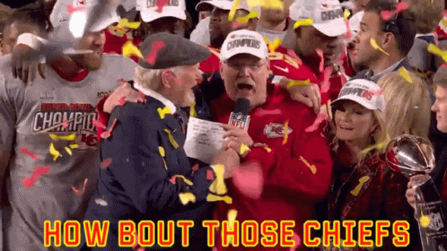 A Group Of People Celebrating With The Words How Bout Those Chiefs Written Above Them GIF