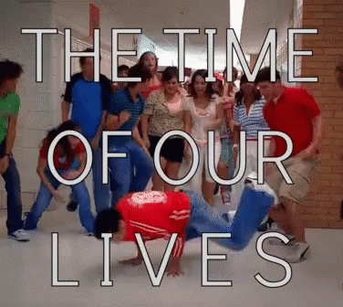 A Group Of People Dancing In A Hallway With The Words " The Time Of Our Lives " GIF