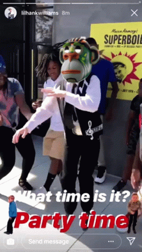 A Group Of People Dancing In Front Of A Poster That Says Superboy GIF