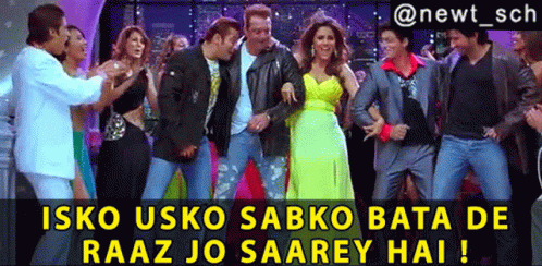 a group of people dancing with the caption isko usko sabko bata de raaz jo saarey hai !