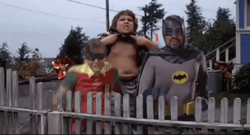 A Group Of People Dressed As Batman And Robin Are Standing Next To Each Other . GIF