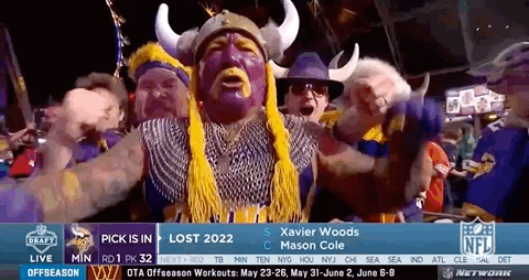 a group of people dressed as vikings are cheering at a football game