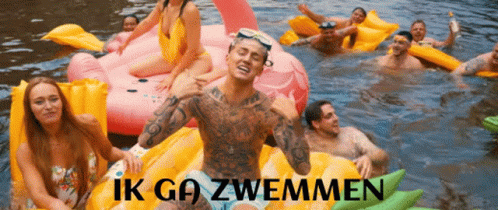 A Group Of People Floating In The Water With The Words Ik Ga Zwemmen Written On The Bottom GIF