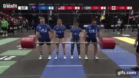 A Group Of People Holding Barbells In Front Of A Screen That Says Crossfit On It GIF