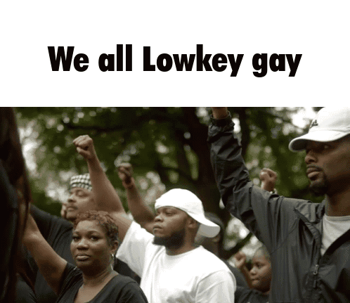 A Group Of People Holding Their Fists In The Air With The Words We All Lowkey Gay Written Above Them GIF