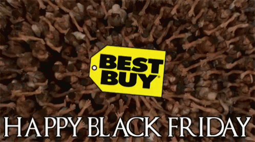 A Group Of People Holding Up Their Hands In Front Of A Best Buy Logo GIF