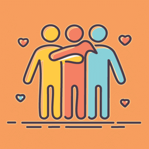 A Group Of People Hugging Each Other With Hearts In The Background GIF