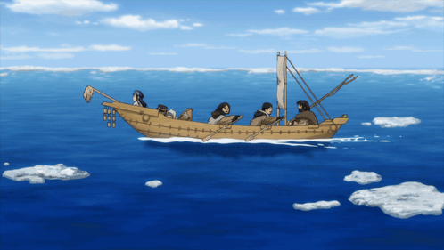 A Group Of People In A Boat Floating On Top Of A Body Of Water GIF