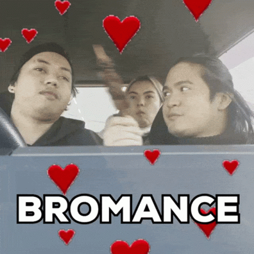 A Group Of People In A Car With The Word Bromance On The Bottom GIF