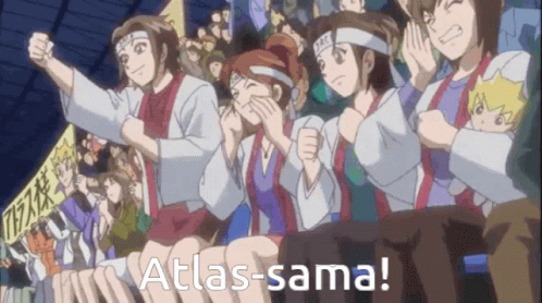 A Group Of People In A Stadium With The Words Atlas-Sama GIF