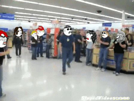 A Group Of People In A Store With One Wearing A Red Hat That Says Usa GIF