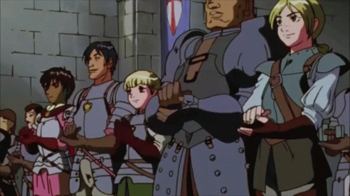 A Group Of People In Armor Are Standing In Front Of A Wall GIF