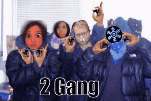A Group Of People In Blue Jackets Are Holding A Snowflake And The Words 2 Gang GIF