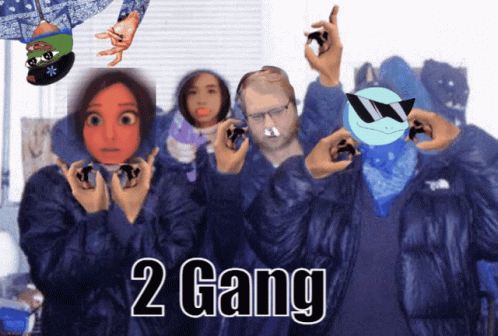 A Group Of People In Blue Jackets With The Words 2 Gang GIF