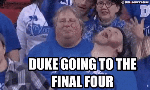 A Group Of People In Blue Shirts With Duke Going To The Final Four Written On The Bottom GIF