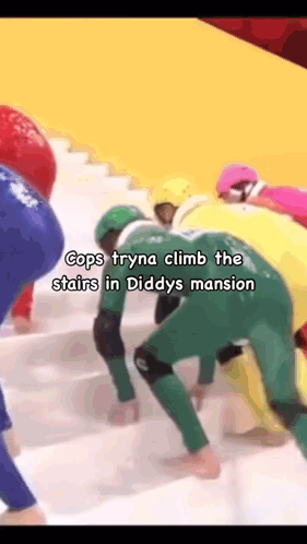 A Group Of People In Costumes Are Trying To Climb The Stairs In Diddy 'S Mansion GIF
