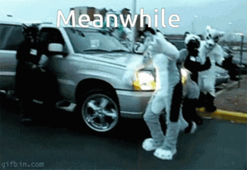 A Group Of People In Furry Costumes Are Standing In Front Of A Silver Suv With The Words Meanwhile Written On The Bottom GIF