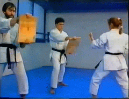 A Group Of People In Karate Uniforms Are Practicing Martial Arts In A Gym . GIF