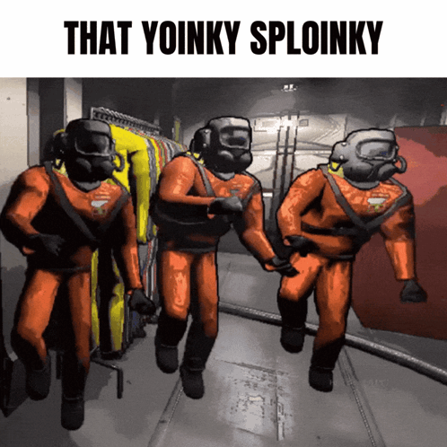 A Group Of People In Orange Suits Are Running In A Room With The Words That Yoinky Sploinky Above Them GIF