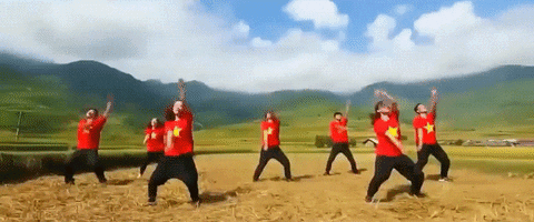 A Group Of People In Red Shirts With Yellow Stars Are Dancing In A Field . GIF