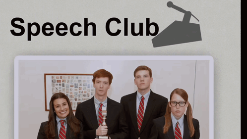 A Group Of People In Suits And Ties Are Standing In Front Of A Podium With The Words Speech Club Below Them GIF