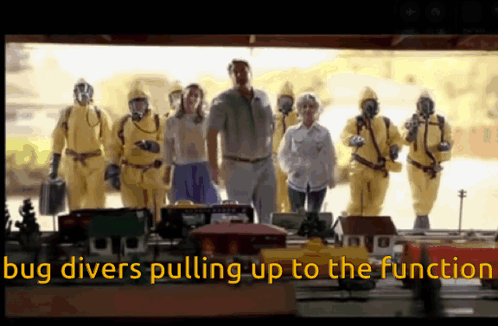 a group of people in yellow suits are pulling up to a function