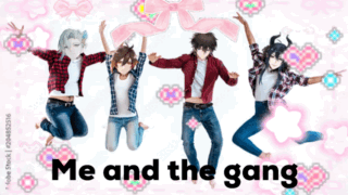A Group Of People Jumping In The Air With The Words Me And The Gang Written Below Them GIF
