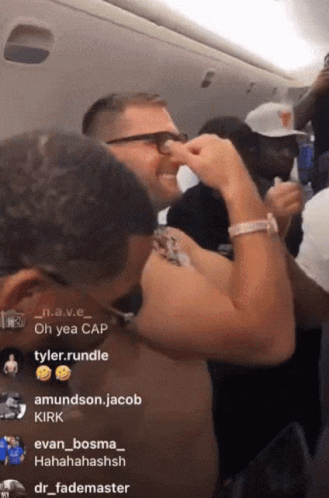 A Group Of People On A Plane With One Saying " Oh Yea Cap " On The Bottom GIF