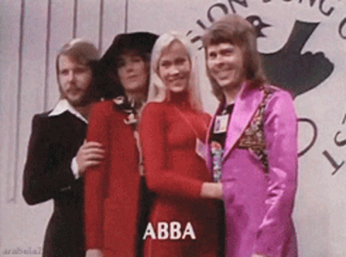 A Group Of People Posing For A Photo With The Word Abba On The Bottom Right GIF
