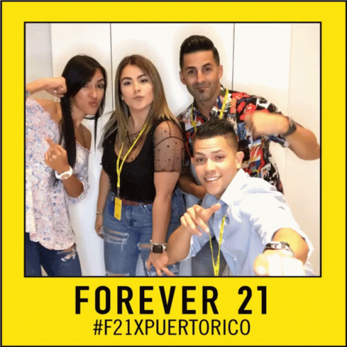A Group Of People Posing For A Picture With The Words Forever 21 #F21xpuertorico On The Bottom GIF