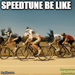 A Group Of People Riding Bicycles On A Dirt Road With The Words Speedtune Be Like GIF
