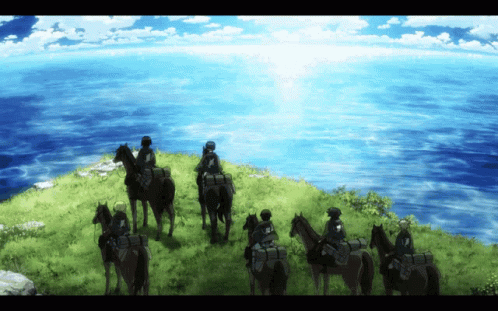 A Group Of People Riding Horses On Top Of A Grassy Hill Overlooking The Ocean GIF