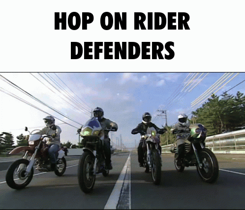 A Group Of People Riding Motorcycles On A Highway With The Words Hop On Rider Defenders Below Them GIF