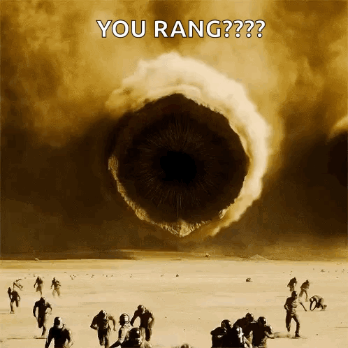 A Group Of People Running In The Desert With The Words " You Rang " On The Bottom GIF